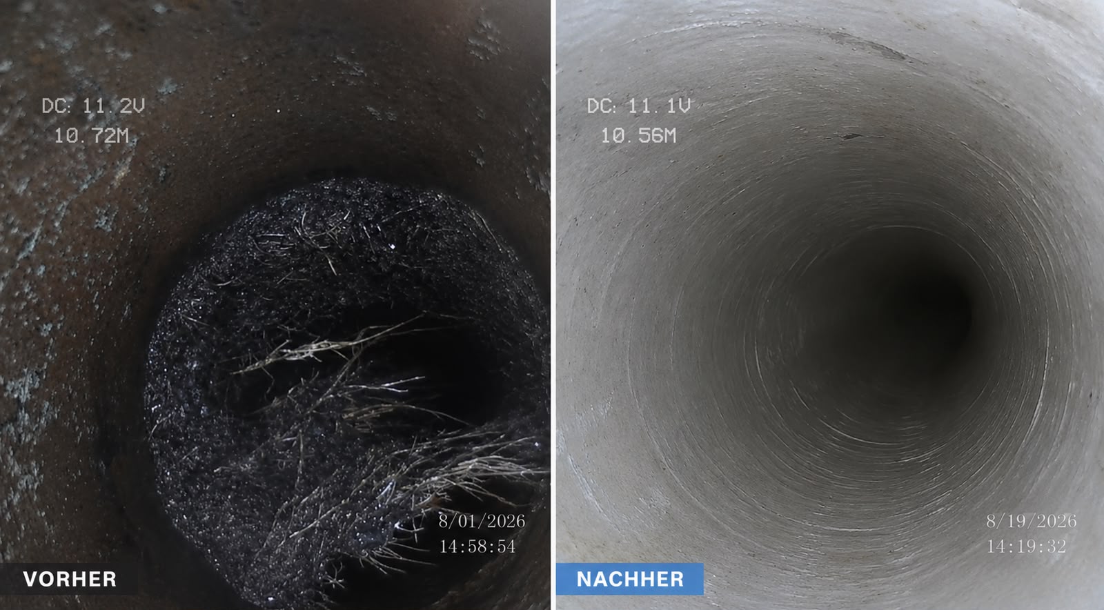 Wurzeleinwuchs im Abwasserrohr vorher-nachher: Wurzeln mit Schleuderkette entfernt, danach mit Kurzliner saniert